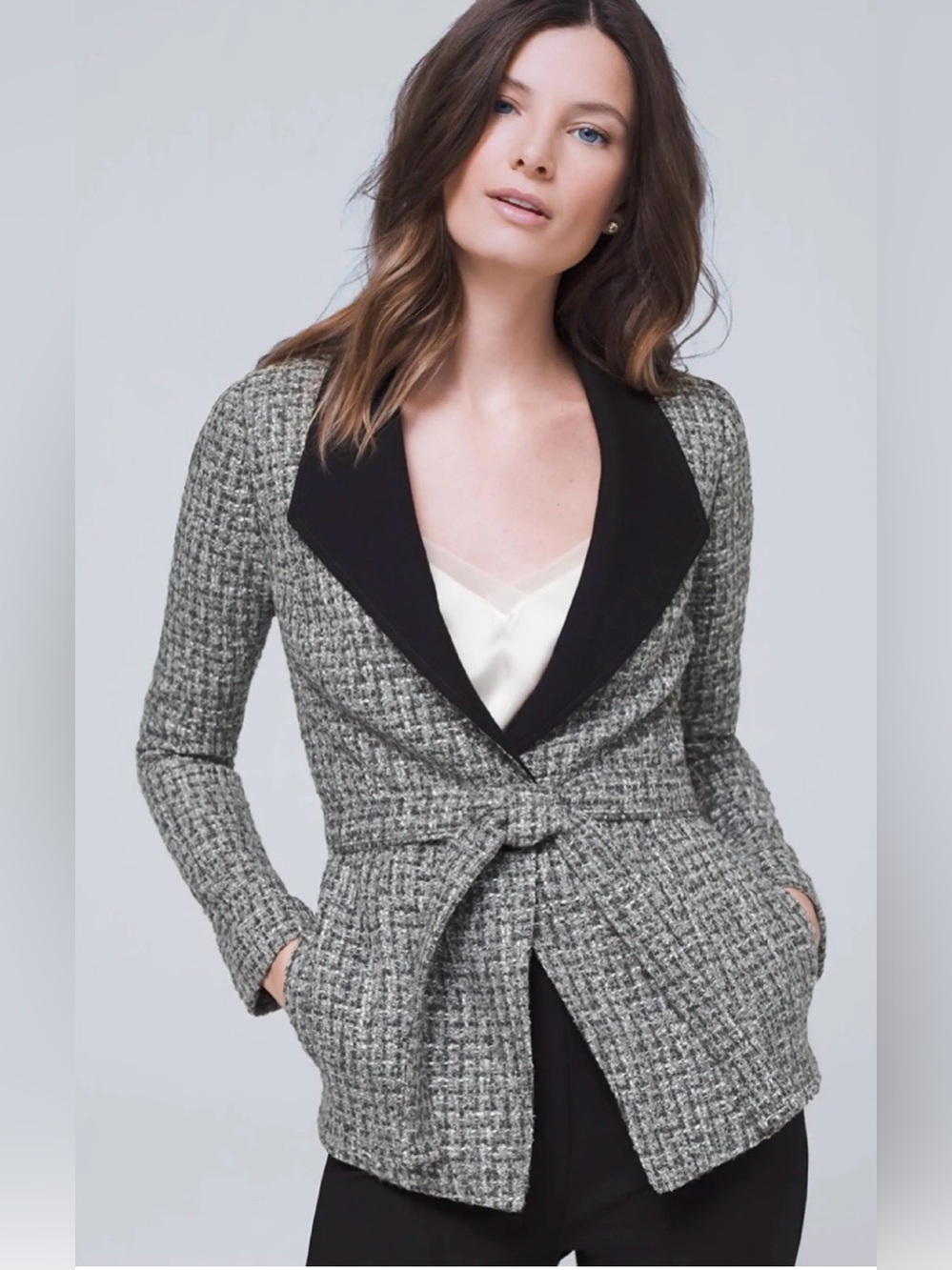 White House Black Market Belted Tweed Blazer Jacket Black Gray Lapel Size 2